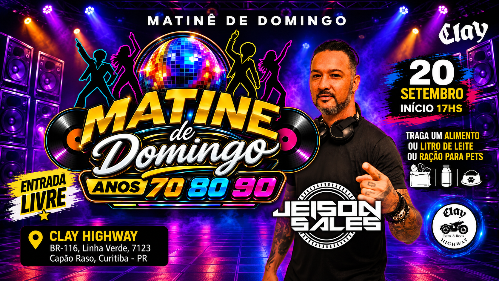 Arte do show Matinê de Domingo — Anos 70, 80 e 90 com DJ Jeison Sales no Clay Highway Bar