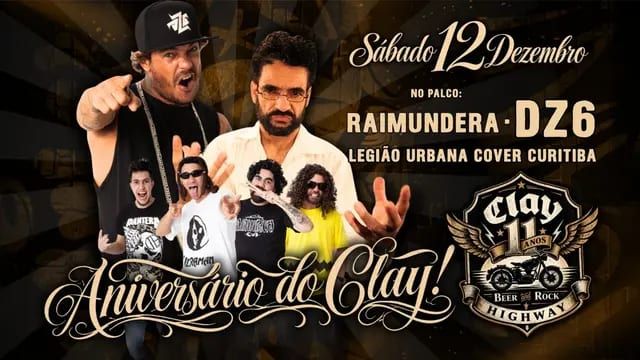 Banner do aniversário de 11 anos do Clay Highway Bar, com tributos a Raimundos, O Rappa, Charlie Brown Jr. e Legião Urbana