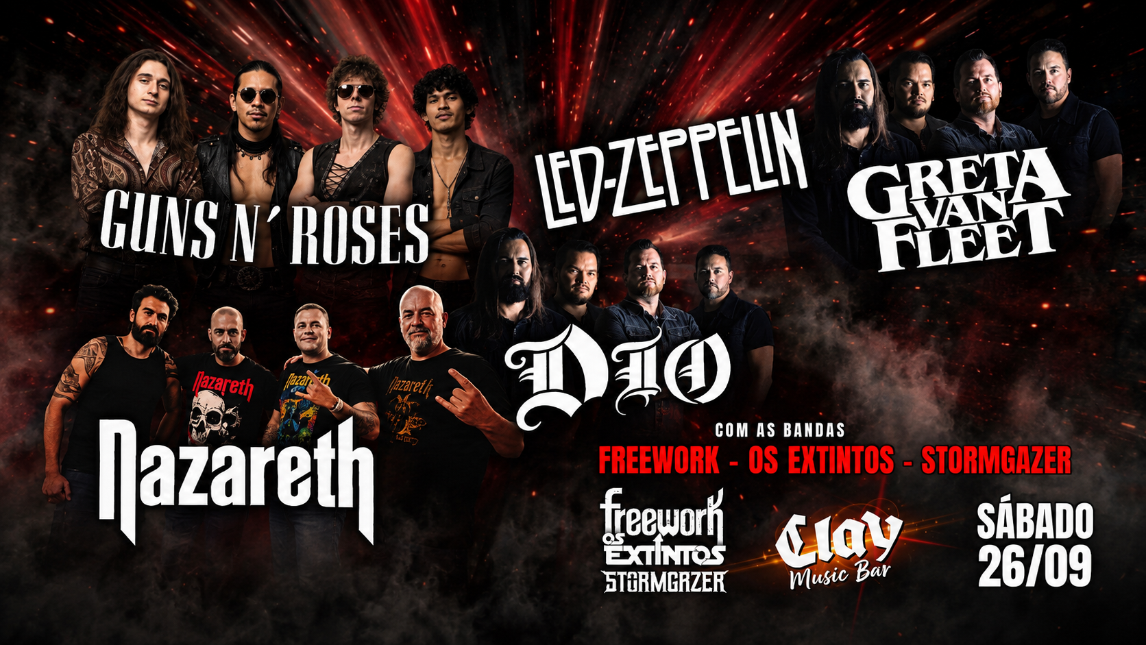 Arte do evento Uma Noite de Led Zeppelin, Guns N' Roses, Black Sabbath, Dio e Nazareth no Clay Highway Bar